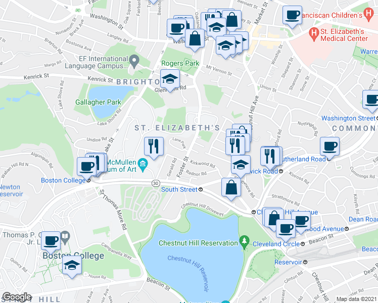 map of restaurants, bars, coffee shops, grocery stores, and more near Foster St & Lane Park in Boston