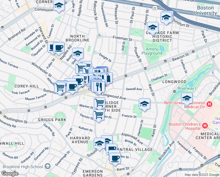 map of restaurants, bars, coffee shops, grocery stores, and more near 50 Sewall Avenue in Brookline