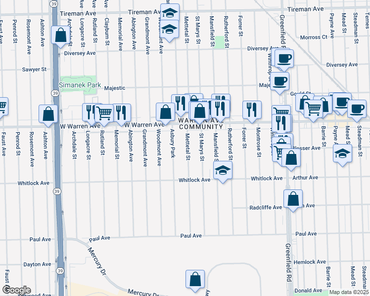map of restaurants, bars, coffee shops, grocery stores, and more near 6845 Mettetal St in Detroit