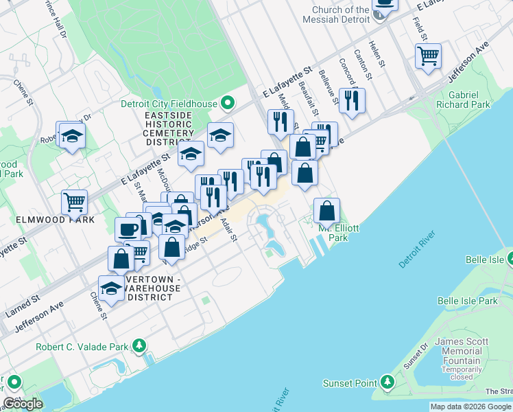 map of restaurants, bars, coffee shops, grocery stores, and more near 345 East Crescent Lane in Detroit