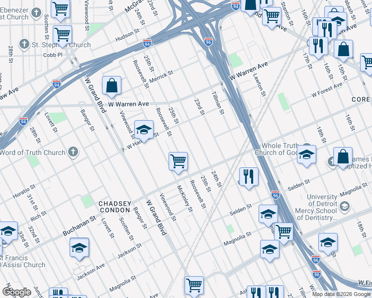 map of restaurants, bars, coffee shops, grocery stores, and more near 4521 25th Street in Detroit