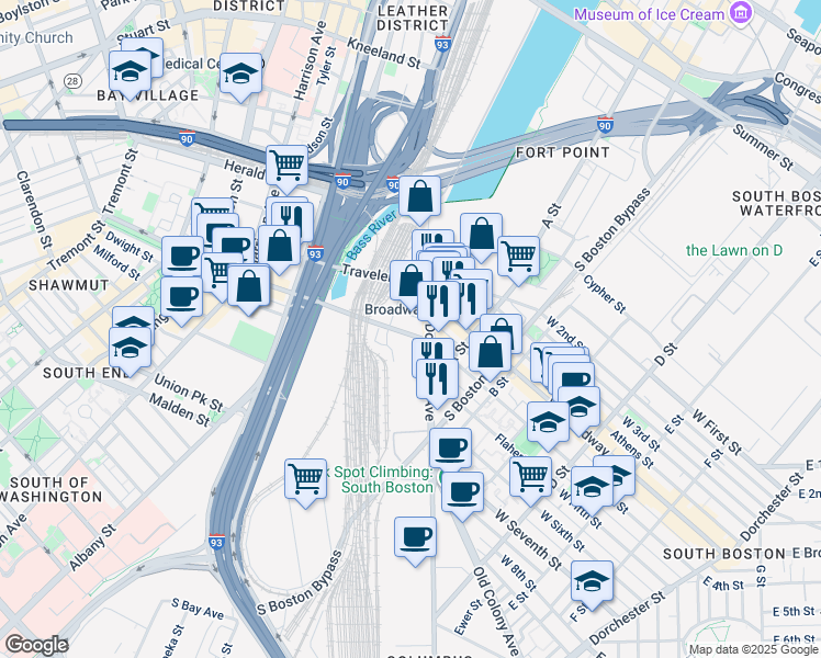 map of restaurants, bars, coffee shops, grocery stores, and more near in Boston