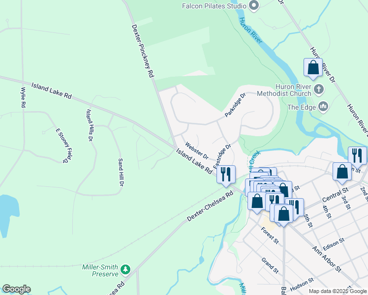 map of restaurants, bars, coffee shops, grocery stores, and more near 8251 Webster Drive in Dexter