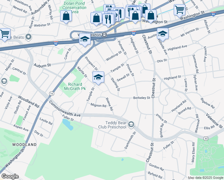 map of restaurants, bars, coffee shops, grocery stores, and more near 143 Berkeley Street in Newton