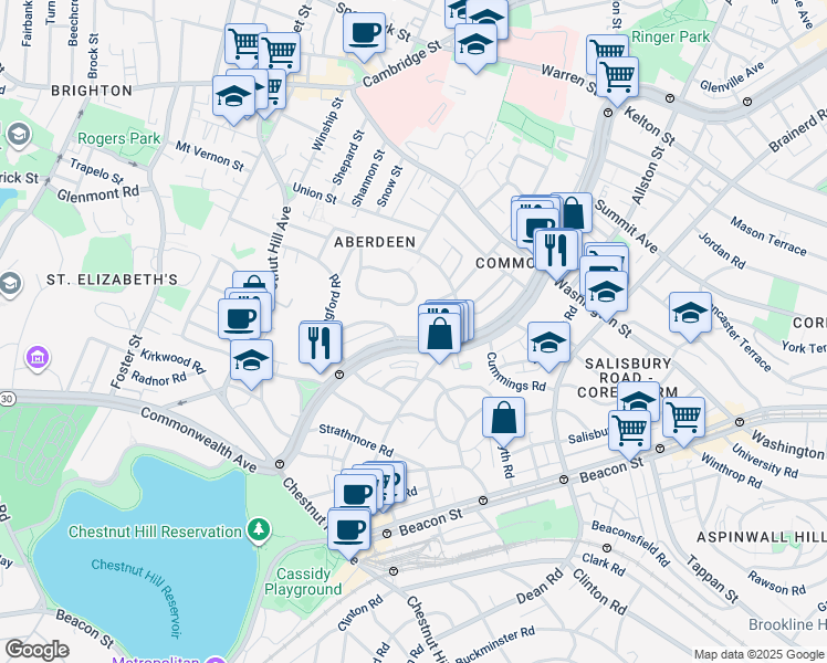 map of restaurants, bars, coffee shops, grocery stores, and more near 1713-1715 Commonwealth Avenue in Boston