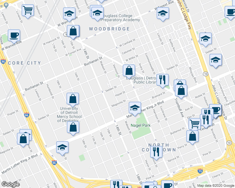 map of restaurants, bars, coffee shops, grocery stores, and more near 3800 Wabash Street in Detroit