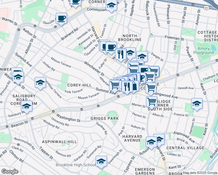 map of restaurants, bars, coffee shops, grocery stores, and more near 28 Atherton Road in Brookline