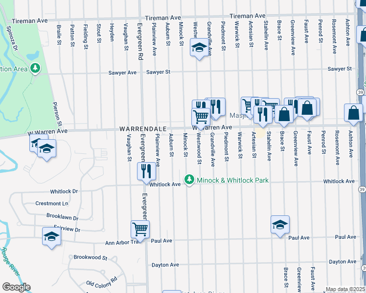 map of restaurants, bars, coffee shops, grocery stores, and more near 6873 Minock St in Detroit