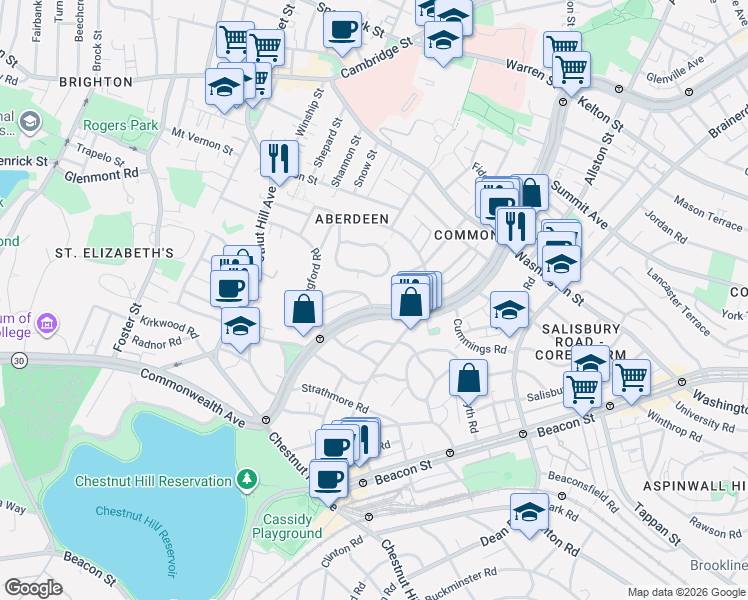 map of restaurants, bars, coffee shops, grocery stores, and more near 1725 Commonwealth Avenue in Brighton