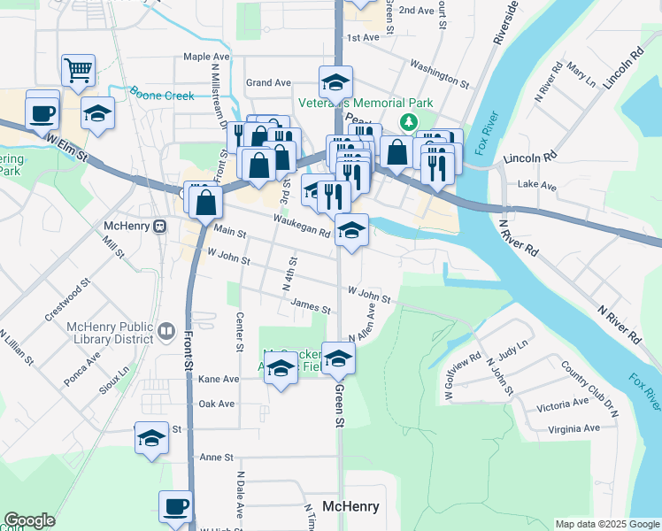 map of restaurants, bars, coffee shops, grocery stores, and more near 1011 North Green Street in McHenry