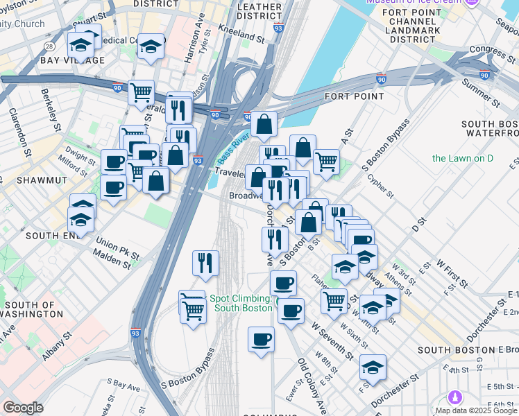 map of restaurants, bars, coffee shops, grocery stores, and more near in Boston