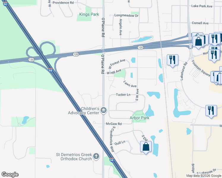 map of restaurants, bars, coffee shops, grocery stores, and more near 995 Darla Court in Waukegan