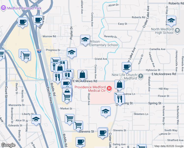 map of restaurants, bars, coffee shops, grocery stores, and more near 1245 Corona Ave in Medford