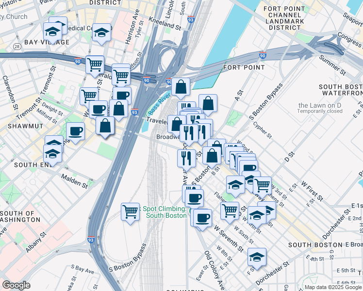 map of restaurants, bars, coffee shops, grocery stores, and more near in Boston