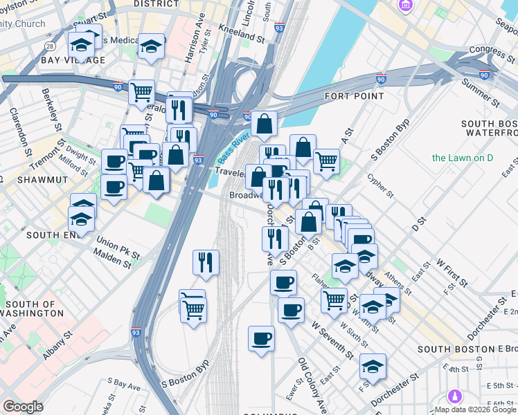 map of restaurants, bars, coffee shops, grocery stores, and more near in Boston