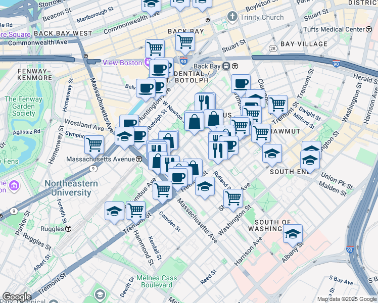map of restaurants, bars, coffee shops, grocery stores, and more near 43 Public Alley 502 in Boston