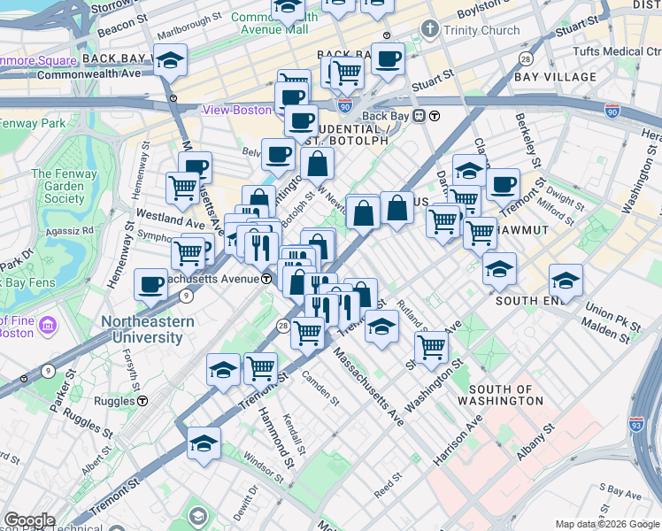 map of restaurants, bars, coffee shops, grocery stores, and more near 525 A Columbus Avenue in Boston