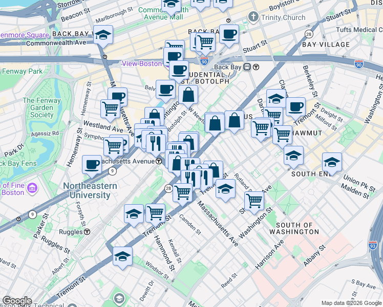 map of restaurants, bars, coffee shops, grocery stores, and more near 525 A Columbus Avenue in Boston