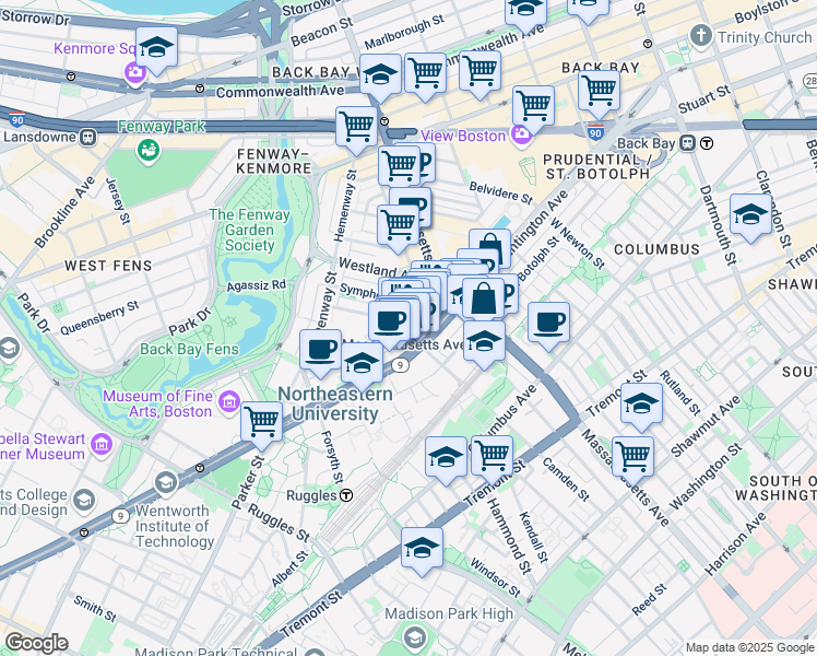 map of restaurants, bars, coffee shops, grocery stores, and more near in Boston