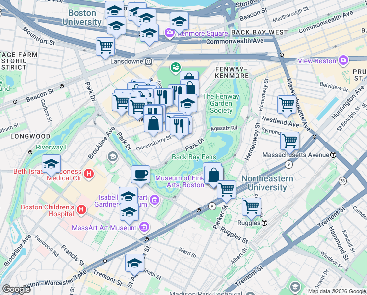 map of restaurants, bars, coffee shops, grocery stores, and more near 111 Park Drive in Boston
