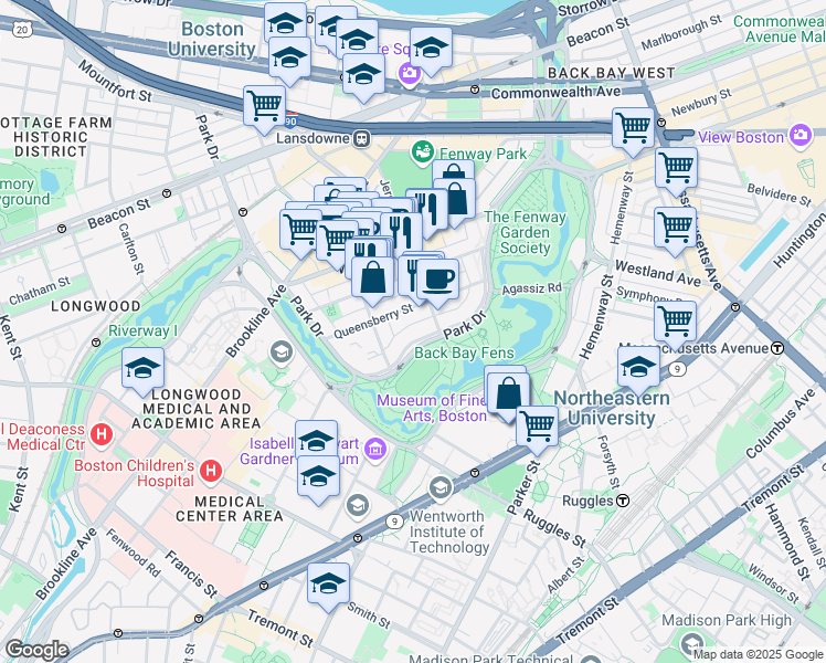 map of restaurants, bars, coffee shops, grocery stores, and more near 111 Park Drive in Boston