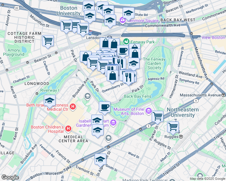 map of restaurants, bars, coffee shops, grocery stores, and more near 58 Queensberry Street in Boston