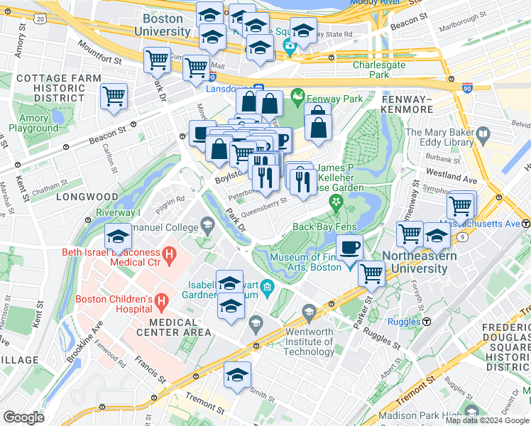 map of restaurants, bars, coffee shops, grocery stores, and more near 58 Queensberry Street in Boston