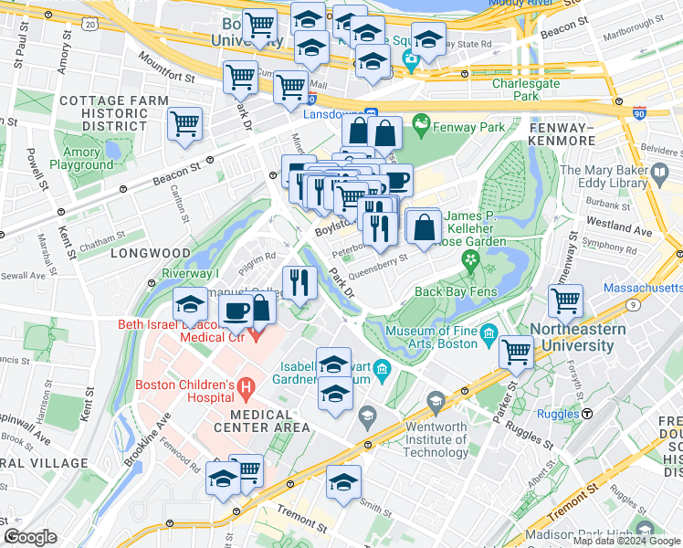 map of restaurants, bars, coffee shops, grocery stores, and more near 231 Park Drive in Boston