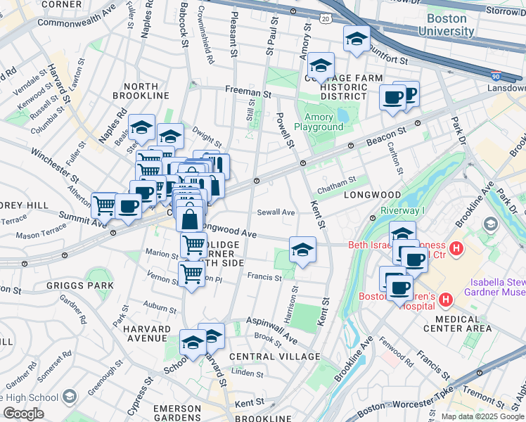 map of restaurants, bars, coffee shops, grocery stores, and more near 102 Sewall Avenue in Brookline