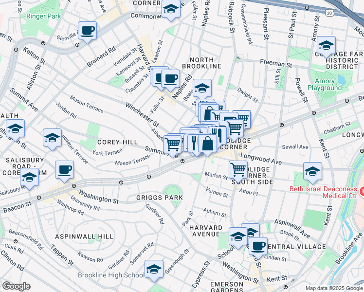 map of restaurants, bars, coffee shops, grocery stores, and more near 24 Winchester Street in Brookline