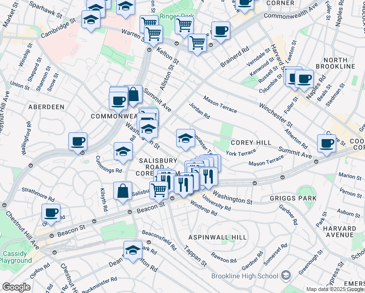 map of restaurants, bars, coffee shops, grocery stores, and more near 94 Westbourne Terrace in Brookline