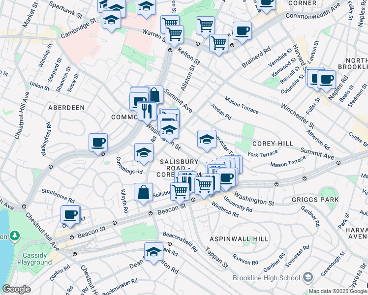 map of restaurants, bars, coffee shops, grocery stores, and more near 28 Bartlett Crescent in Brookline