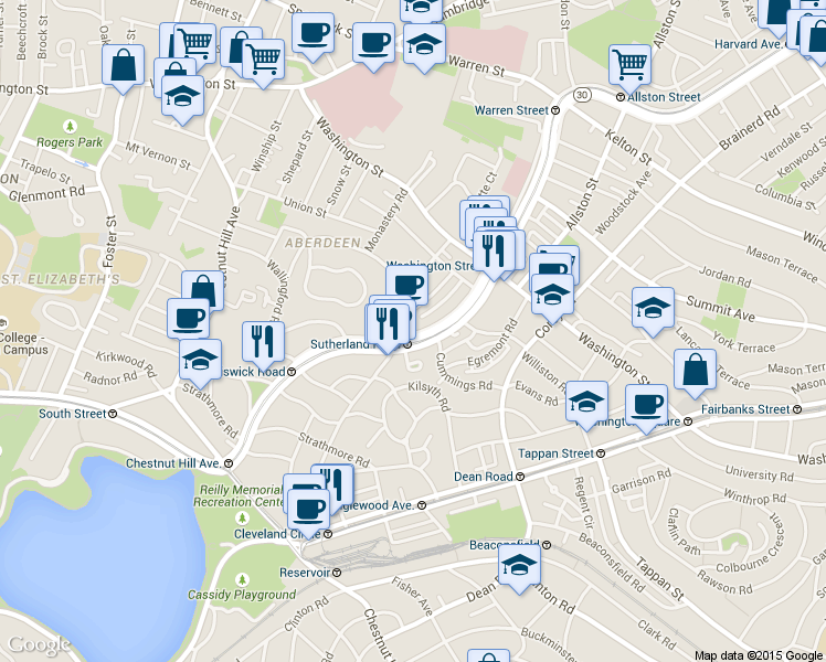 map of restaurants, bars, coffee shops, grocery stores, and more near 1691 Commonwealth Avenue in Boston