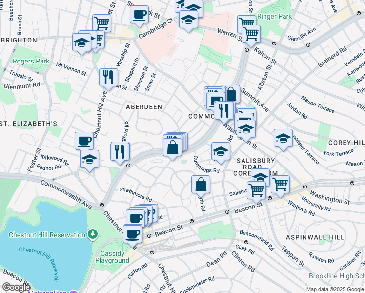 map of restaurants, bars, coffee shops, grocery stores, and more near 1691 Commonwealth Avenue in Boston