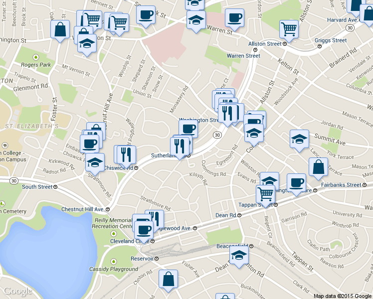 map of restaurants, bars, coffee shops, grocery stores, and more near 1691 Commonwealth Avenue in Boston
