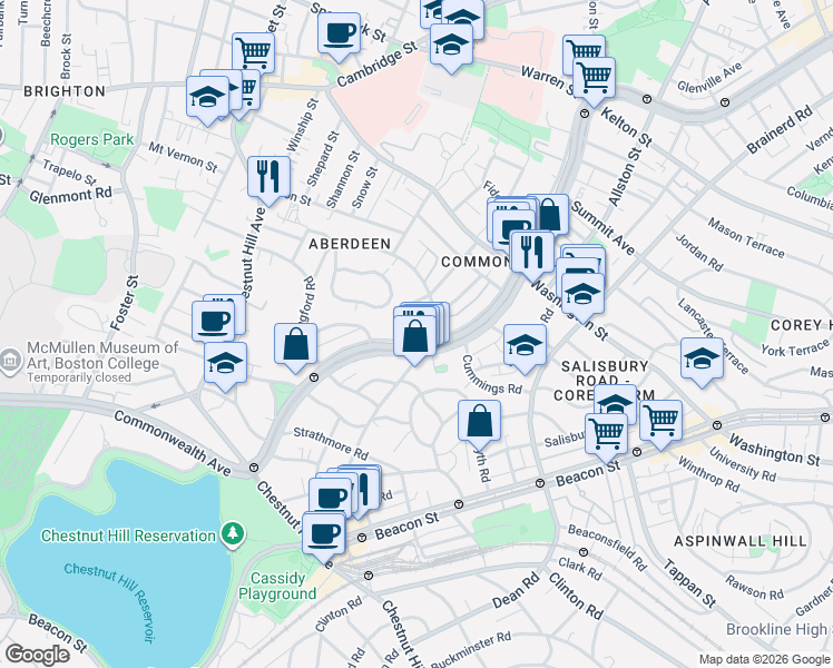 map of restaurants, bars, coffee shops, grocery stores, and more near 1691 Commonwealth Avenue in Boston
