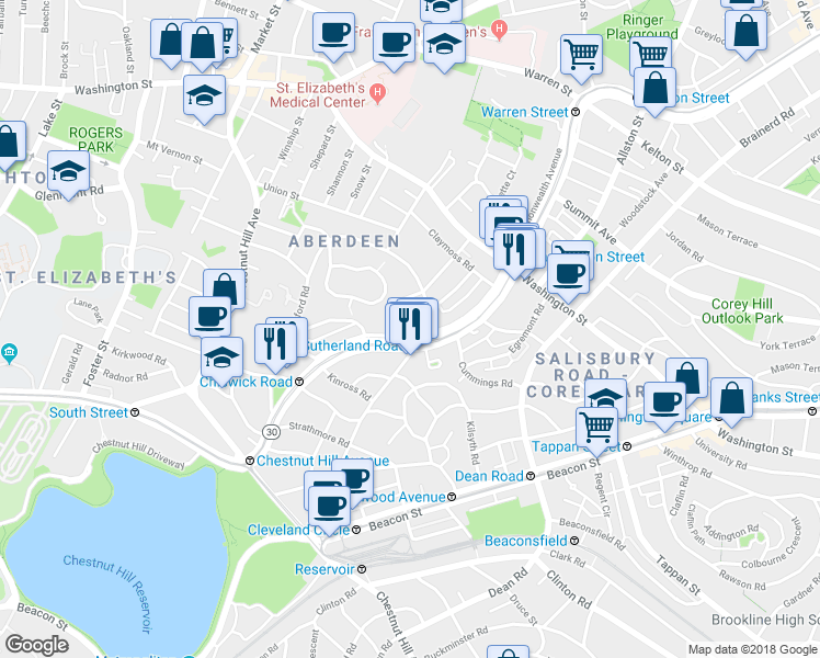 map of restaurants, bars, coffee shops, grocery stores, and more near 1691 Commonwealth Avenue in Boston