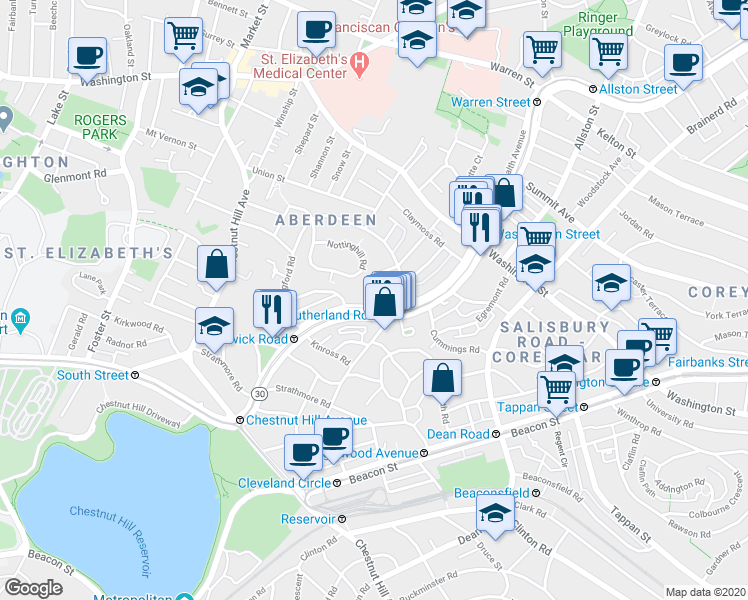 map of restaurants, bars, coffee shops, grocery stores, and more near 1713-1715 Commonwealth Avenue in Boston
