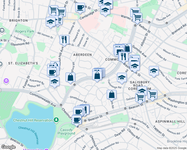 map of restaurants, bars, coffee shops, grocery stores, and more near 1713-1715 Commonwealth Avenue in Boston