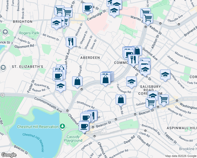 map of restaurants, bars, coffee shops, grocery stores, and more near 1713-1715 Commonwealth Avenue in Boston