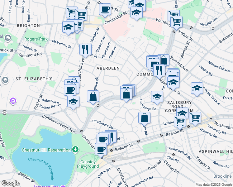 map of restaurants, bars, coffee shops, grocery stores, and more near 1713-1715 Commonwealth Avenue in Boston