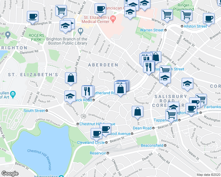 map of restaurants, bars, coffee shops, grocery stores, and more near 1713-1715 Commonwealth Avenue in Boston