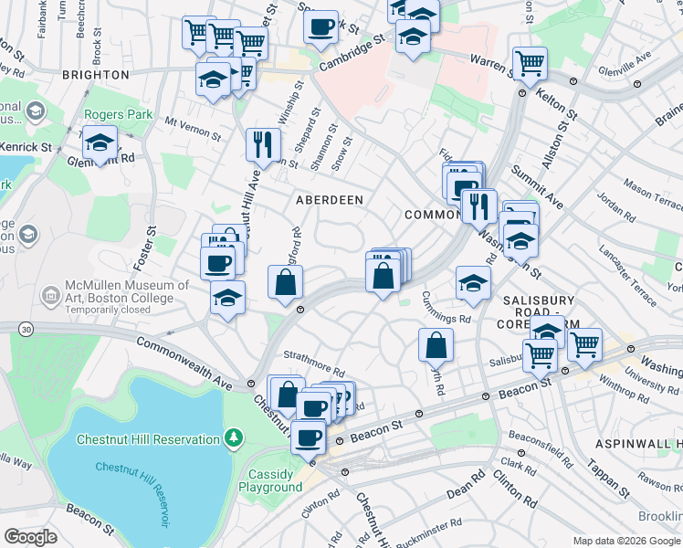 map of restaurants, bars, coffee shops, grocery stores, and more near 14 Leamington Road in Boston