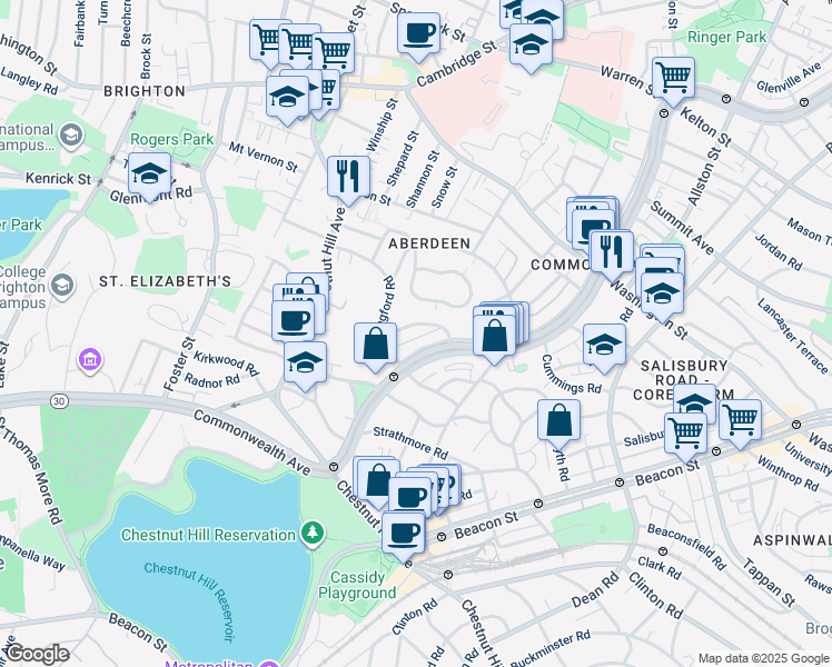 map of restaurants, bars, coffee shops, grocery stores, and more near 14 Leamington Road in Boston