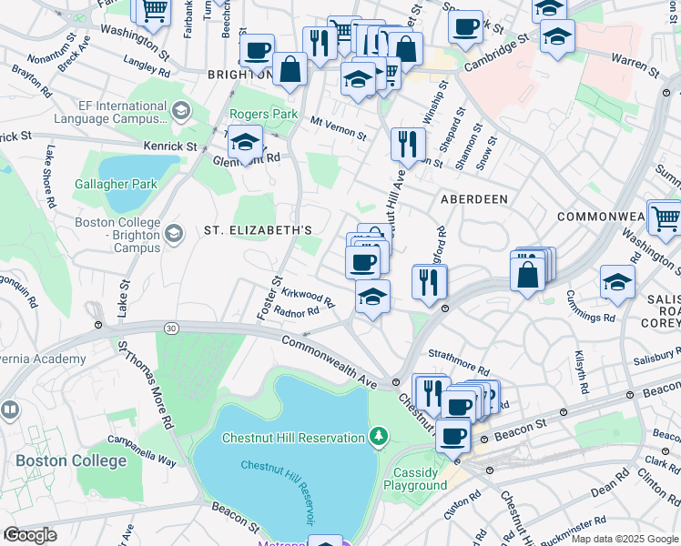 map of restaurants, bars, coffee shops, grocery stores, and more near 25 Embassy Road in Boston