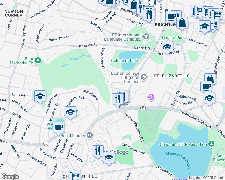 map of restaurants, bars, coffee shops, grocery stores, and more near 30 Undine Road in Boston