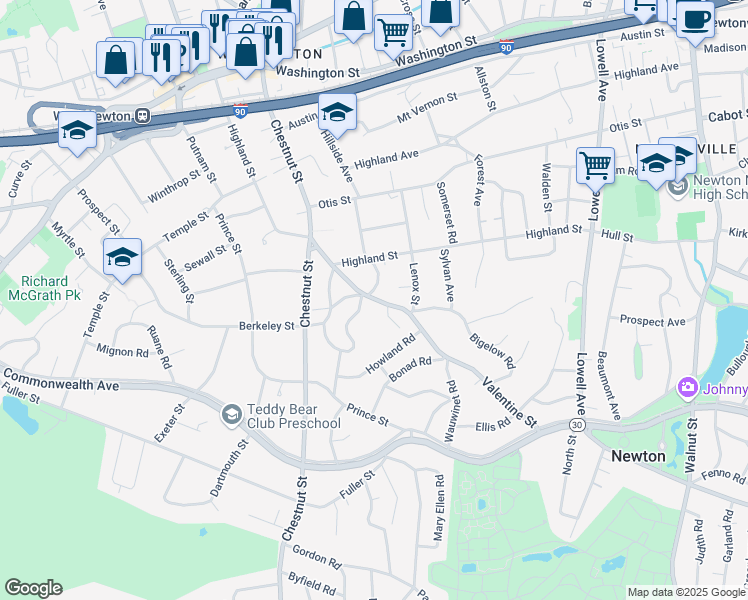 map of restaurants, bars, coffee shops, grocery stores, and more near 70 Valentine Street in Newton