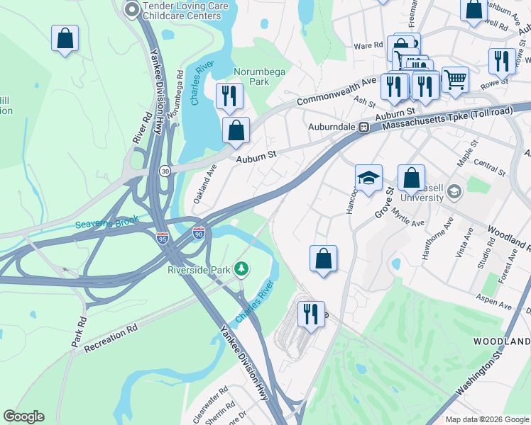 map of restaurants, bars, coffee shops, grocery stores, and more near 132 Charles Street in Newton