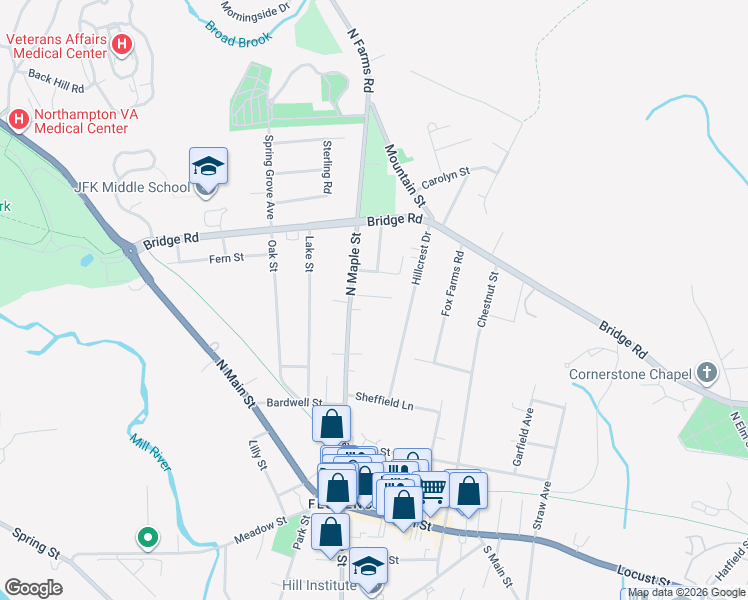map of restaurants, bars, coffee shops, grocery stores, and more near 23 Powell Street in Northampton