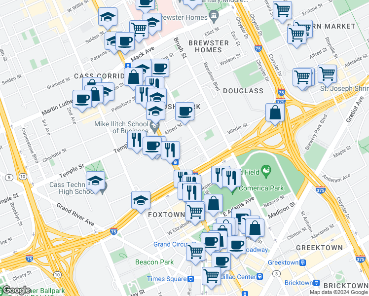 map of restaurants, bars, coffee shops, grocery stores, and more near 123 Winder Street in Detroit